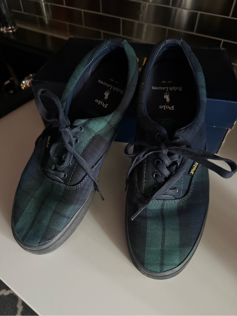 Polo by Ralph Lauren Men’s Black Watch Plaid Canvas Sneakers